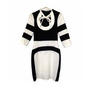 Tenax Jersey Bodycon Dress Black White Color Block Tie Neck Stretch Italy 42 6 S